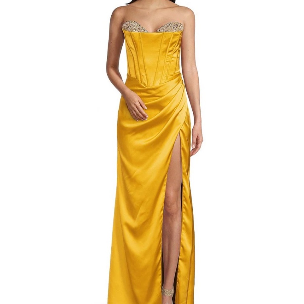 GB social corset rhinestone beaded long dress marigold